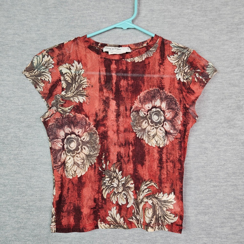Urban Renewal Urban Outfitters Red Floral Mesh Cap Sleeve Top Sz S USA Made